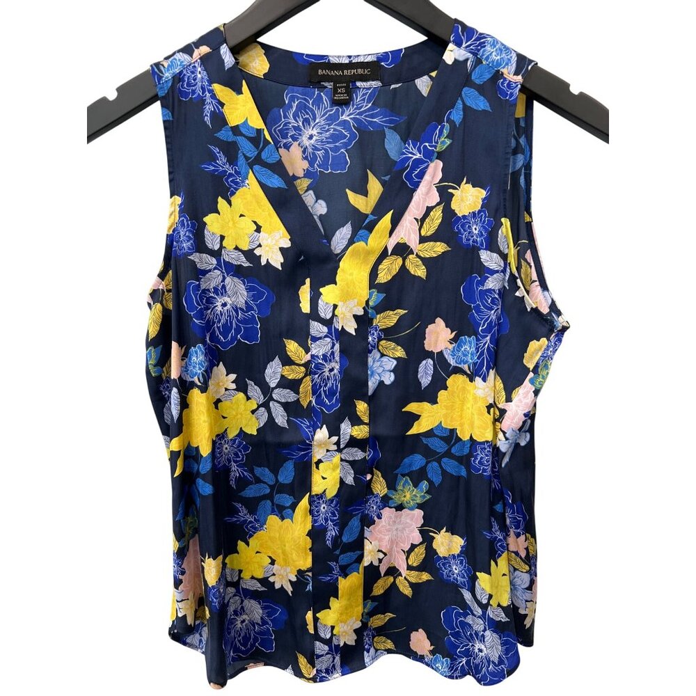 Banana Republic Floral Sleeveless Top Size XS V Neck Blue Yellow Bohemian Hippie